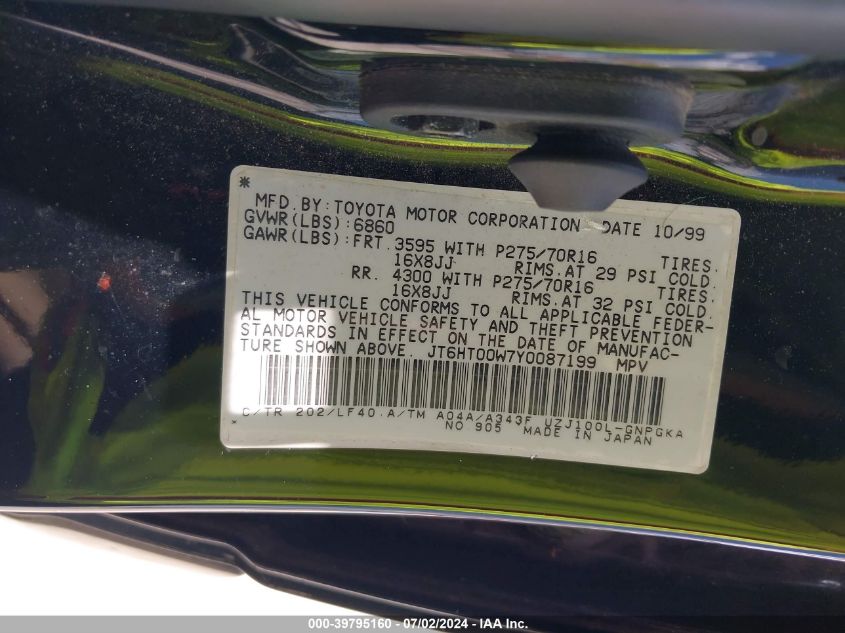 2000 Lexus Lx 470 VIN: JT6HT00W7Y0087199 Lot: 39795160