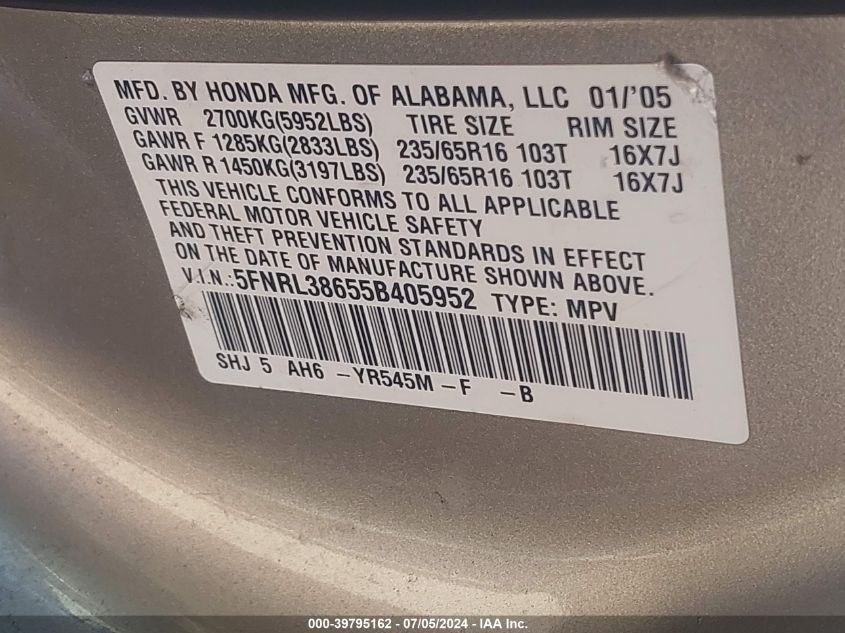 2005 Honda Odyssey Ex-L VIN: 5FNRL38655B405952 Lot: 39795162