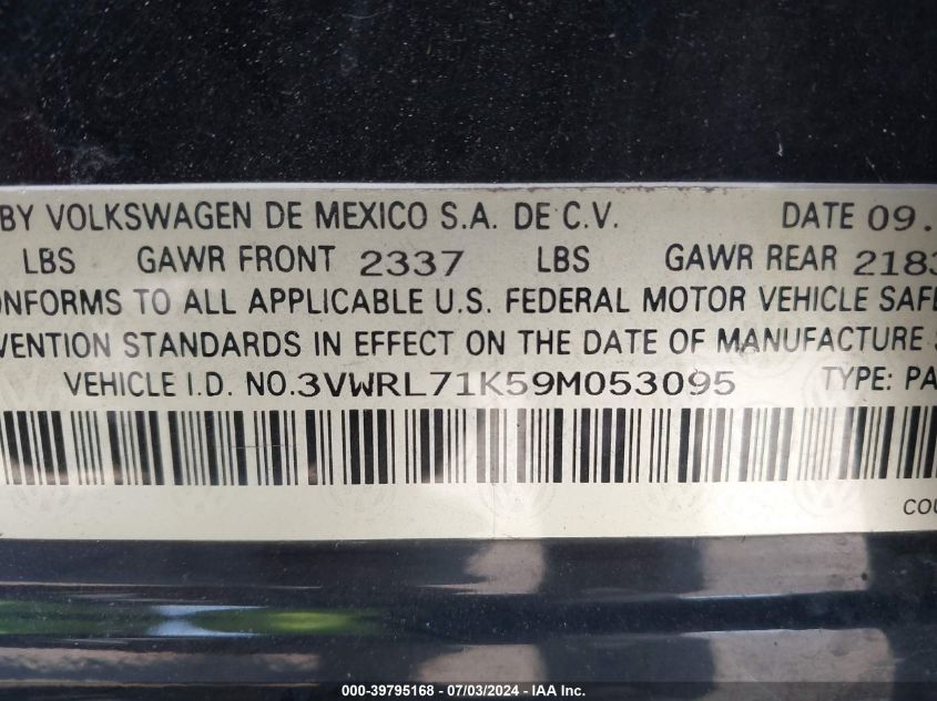 2009 Volkswagen Jetta Tdi VIN: 3VWRL71K59M053095 Lot: 39795168