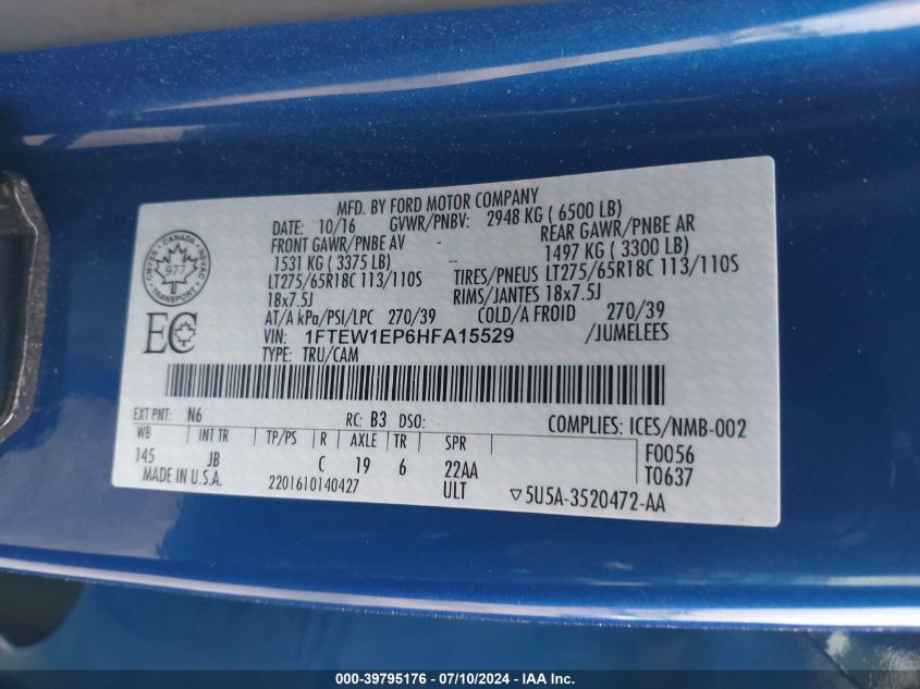 2017 Ford F150 Supercrew VIN: 1FTEW1EP6HFA15529 Lot: 39795176