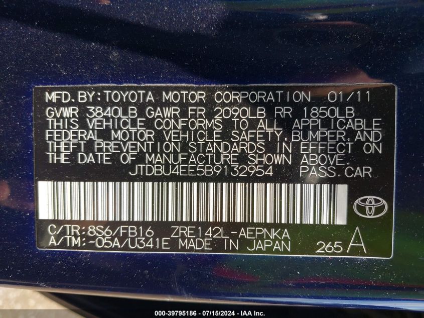 2011 Toyota Corolla Le VIN: JTDBU4EE5B9132954 Lot: 39795186