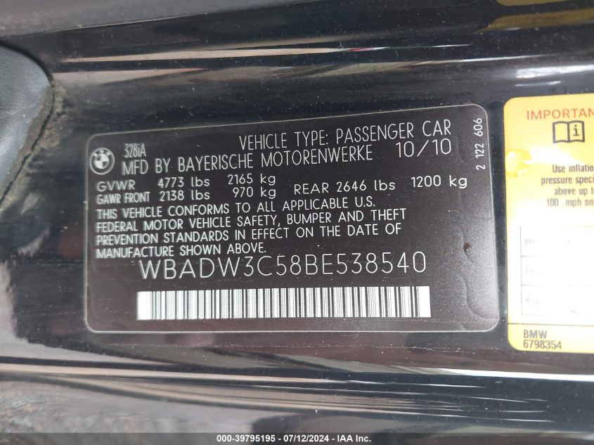 2011 BMW 328I VIN: WBADW3C58BE538540 Lot: 39795195