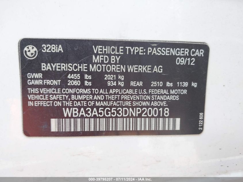 2013 BMW 328I VIN: WBA3A5G53DNP20018 Lot: 39795207