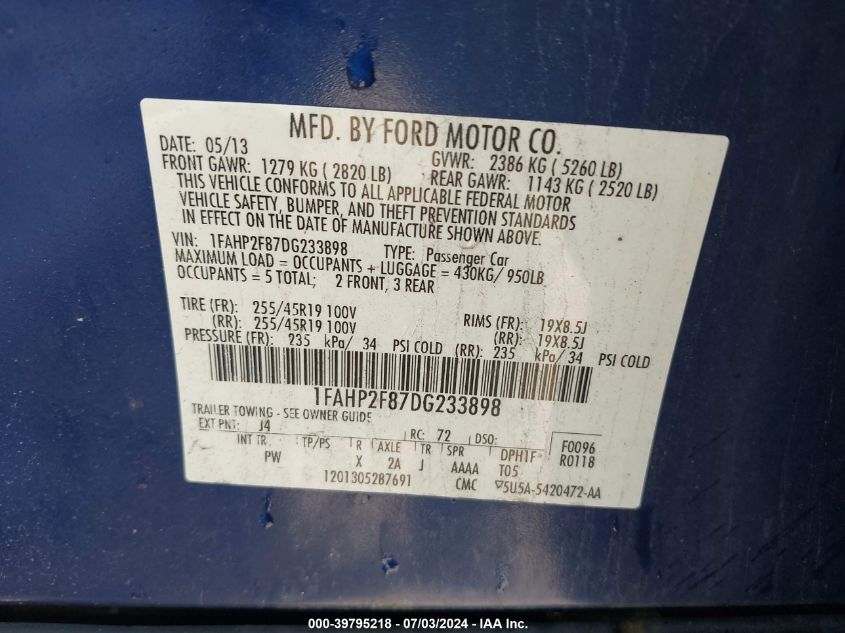 2013 Ford Taurus Limited VIN: 1FAHP2F87DG233898 Lot: 39795218