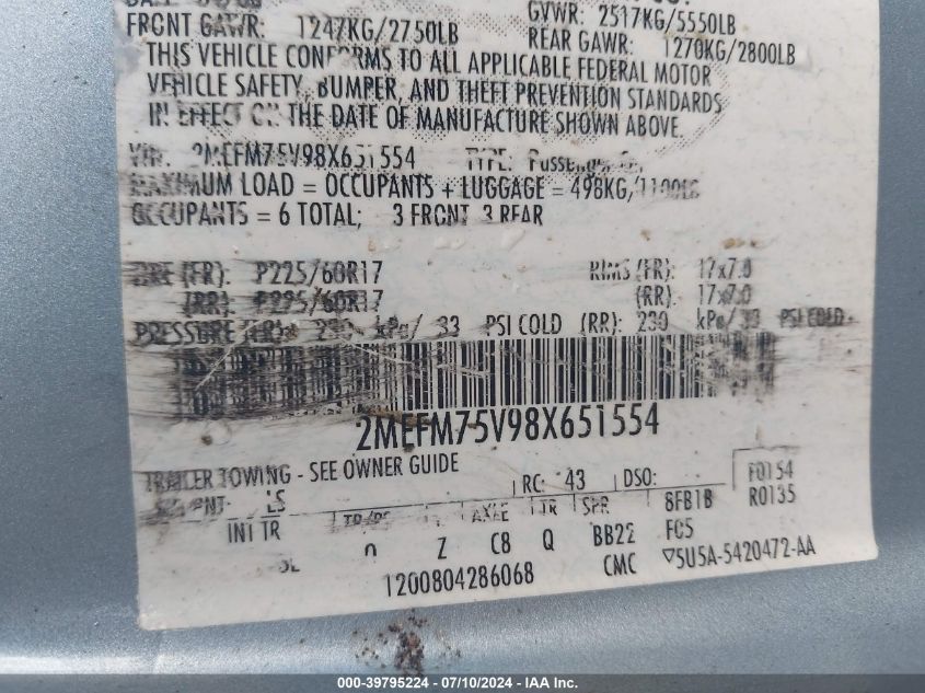 2008 Mercury Grand Marquis Ls VIN: 2MEFM75V98X651554 Lot: 39795224