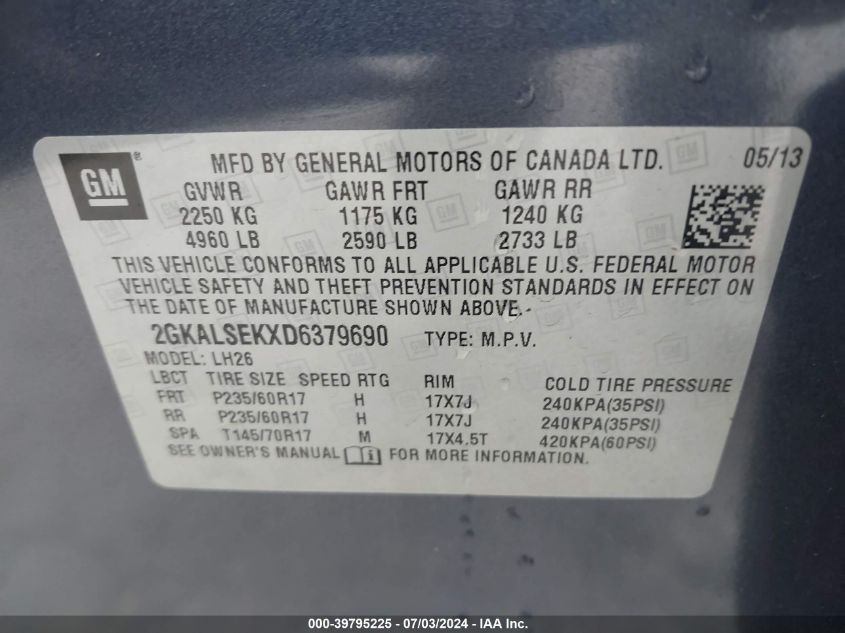 2013 GMC Terrain Sle-2 VIN: 2GKALSEKXD6379690 Lot: 39795225