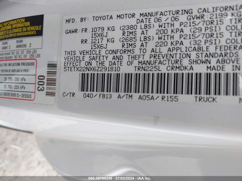 2006 Toyota Tacoma Access Cab VIN: 5TETX22NX6Z291810 Lot: 39795249