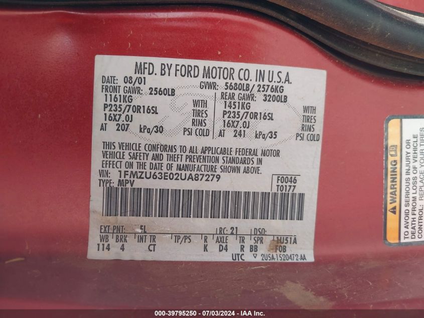 2002 Ford Explorer Xlt VIN: 1FMZU63E02UA87279 Lot: 39795250