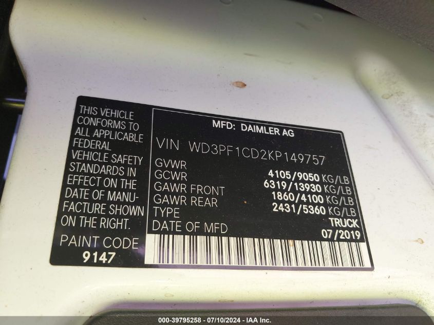 2019 Mercedes-Benz Sprinter 2500 High Roof V6 VIN: WD3PF1CD2KP149757 Lot: 39795258