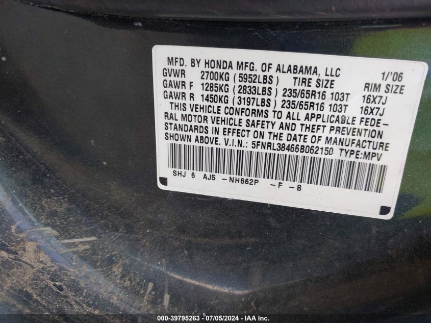 2006 Honda Odyssey Ex VIN: 5FNRL38466B062150 Lot: 39795263