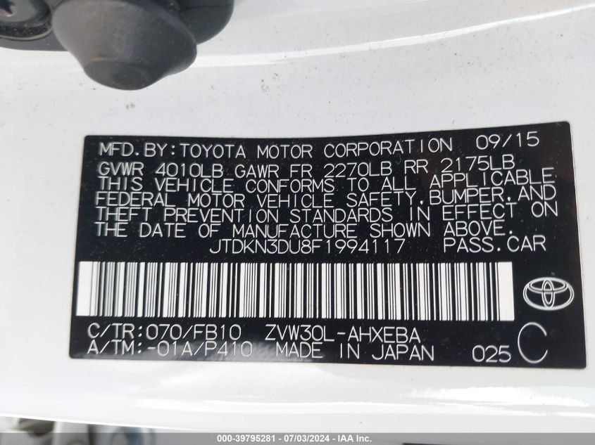 2015 Toyota Prius VIN: JTDKN3DU8F1994117 Lot: 39795281