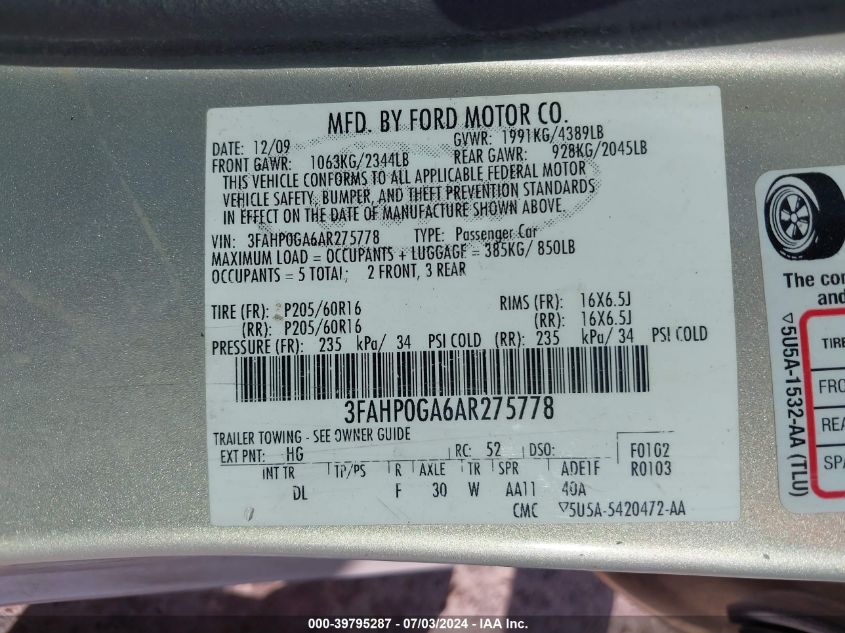 2010 Ford Fusion S VIN: 3FAHP0GA6AR275778 Lot: 39795287