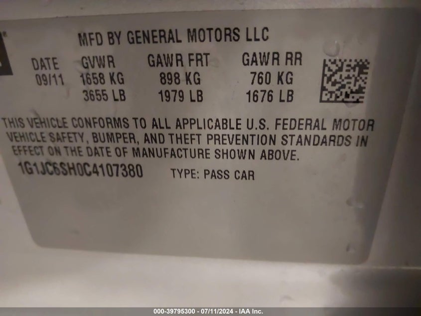 2012 Chevrolet Sonic 2Lt VIN: 1G1JC6SH0C4107380 Lot: 39795300