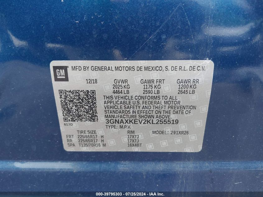 2019 Chevrolet Equinox Lt VIN: 3GNAXKEV2KL255519 Lot: 39795303