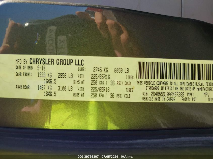 2010 Dodge Grand Caravan Sxt VIN: 2D4RN5D10AR467289 Lot: 39795307