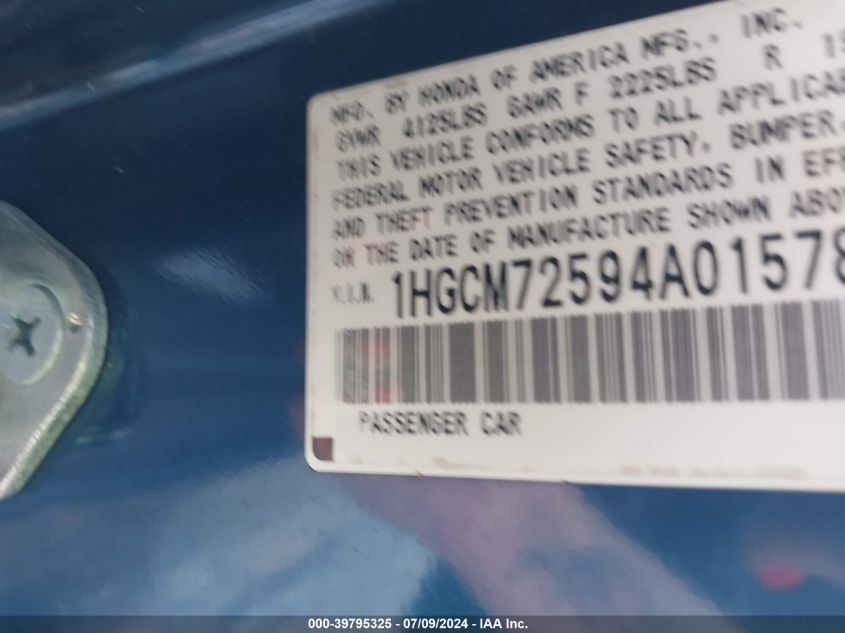 2004 Honda Accord 2.4 Ex VIN: 1HGCM72594A015780 Lot: 39795325