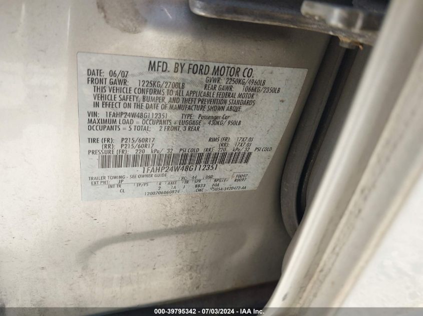 2008 Ford Taurus Sel VIN: 1FAHP24W48G112351 Lot: 39795342