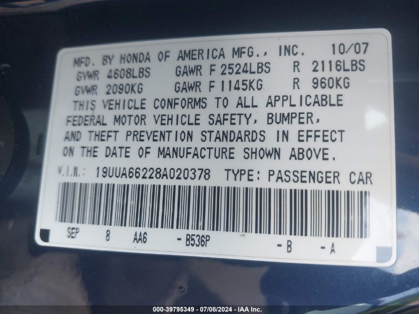 2008 Acura Tl 3.2 VIN: 19UUA66228A020378 Lot: 39795349
