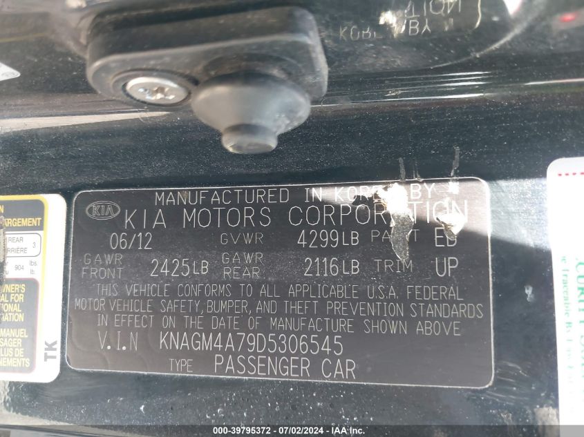 2013 Kia Optima Lx VIN: KNAGM4A79D5306545 Lot: 39795372