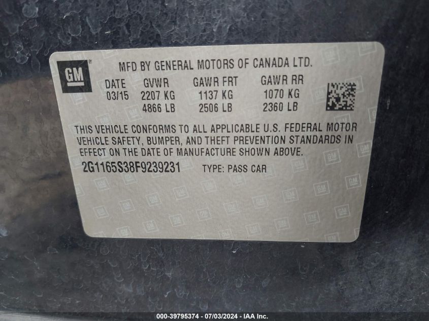 2015 Chevrolet Impala Ltz VIN: 2G1165S38F9239231 Lot: 39795374