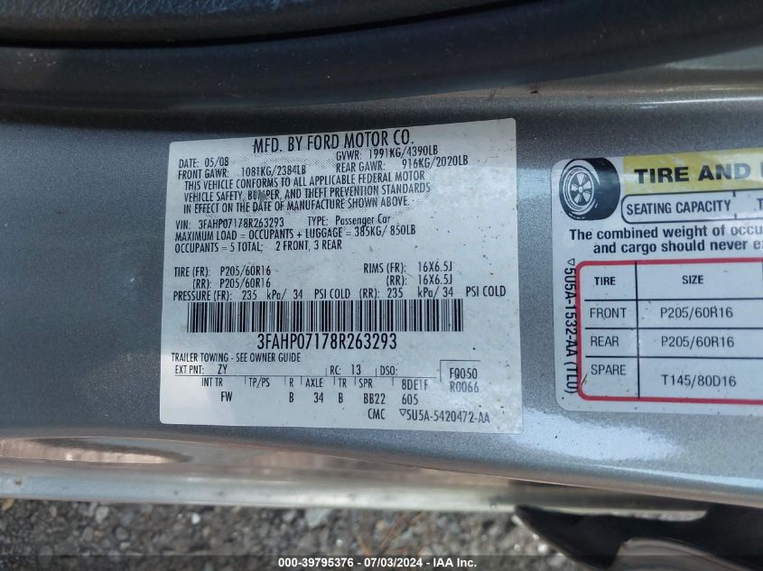 2008 Ford Fusion Se VIN: 3FAHP07178R263293 Lot: 39795376