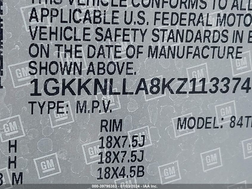 2019 GMC Acadia Sle-2 VIN: 1GKKNLLA8KZ113374 Lot: 39795383