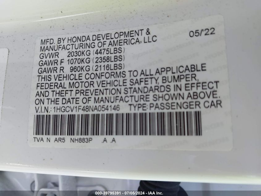 2022 Honda Accord Sport Special Edition VIN: 1HGCV1F48NA054146 Lot: 39795391