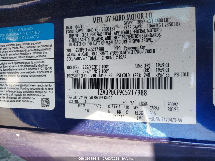 2012 Ford Mustang Gt VIN: 1ZVBP8CF9C5217988 Lot: 39795418