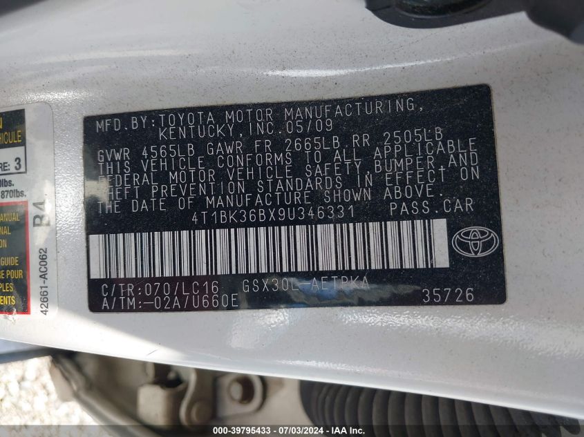 2009 Toyota Avalon Limited VIN: 4T1BK36BX9U346331 Lot: 39795433