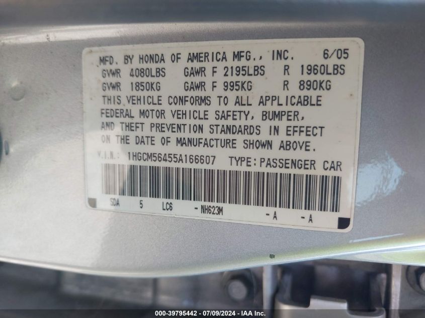 2005 Honda Accord 2.4 Lx VIN: 1HGCM56455A166607 Lot: 39795442