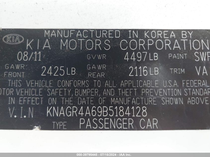 2011 Kia Optima Sx VIN: KNAGR4A69B5184128 Lot: 39795445