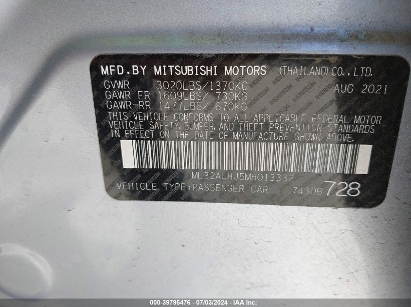 2021 Mitsubishi Mirage Carbonite Edition/Es/Le VIN: ML32AUHJ5MH013332 Lot: 39795476