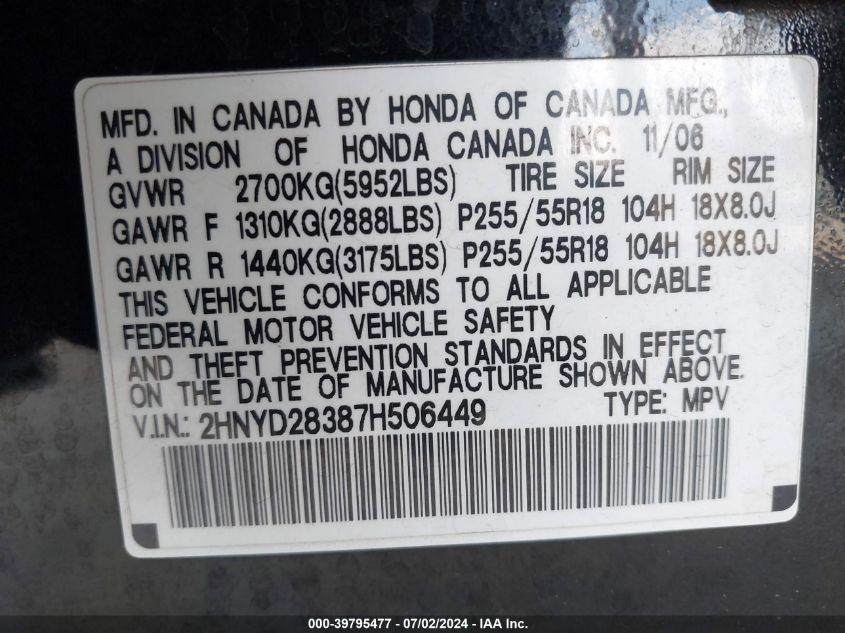 2007 Acura Mdx Technology Package VIN: 2HNYD28387H506449 Lot: 39795477