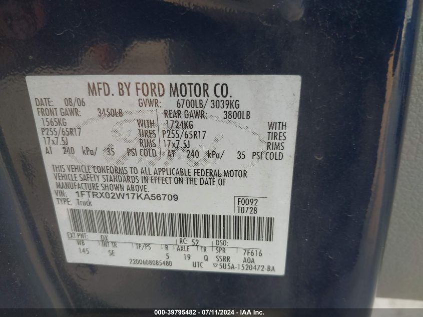 2007 Ford F-150 Stx/Xlt VIN: 1FTRX02W17KA56709 Lot: 39795482