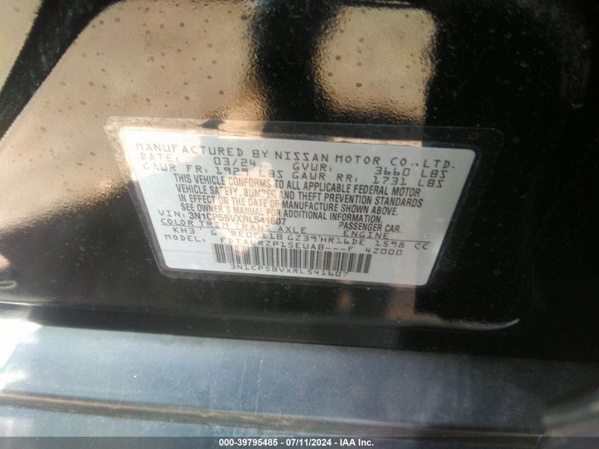 2024 Nissan Kicks S Xtronic Cvt VIN: 3N1CP5BVXRL541607 Lot: 39795485