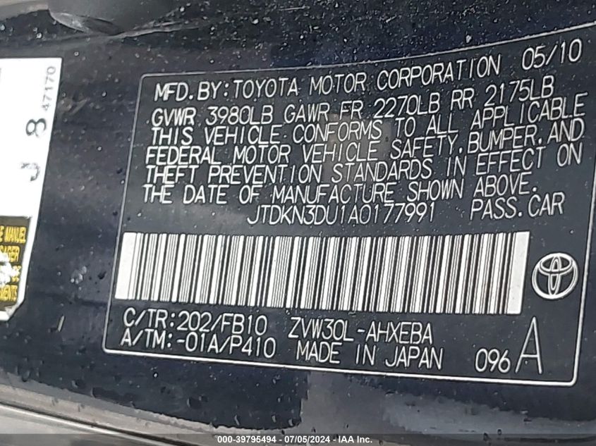 2010 Toyota Prius Iii VIN: JTDKN3DU1A0177991 Lot: 39795494