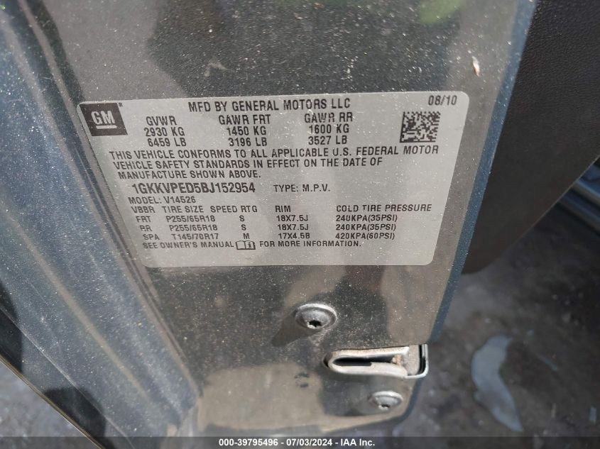 2011 GMC Acadia Sle VIN: 1GKKVPED5BJ152954 Lot: 39795496