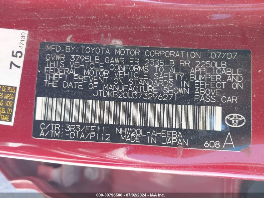 2007 Toyota Prius VIN: JTDKB20U373296271 Lot: 39795500