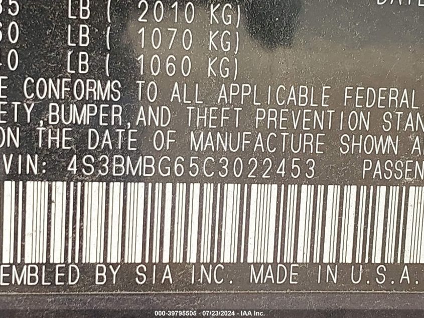 2012 Subaru Legacy 2.5I Premium VIN: 4S3BMBG65C3022453 Lot: 39795505