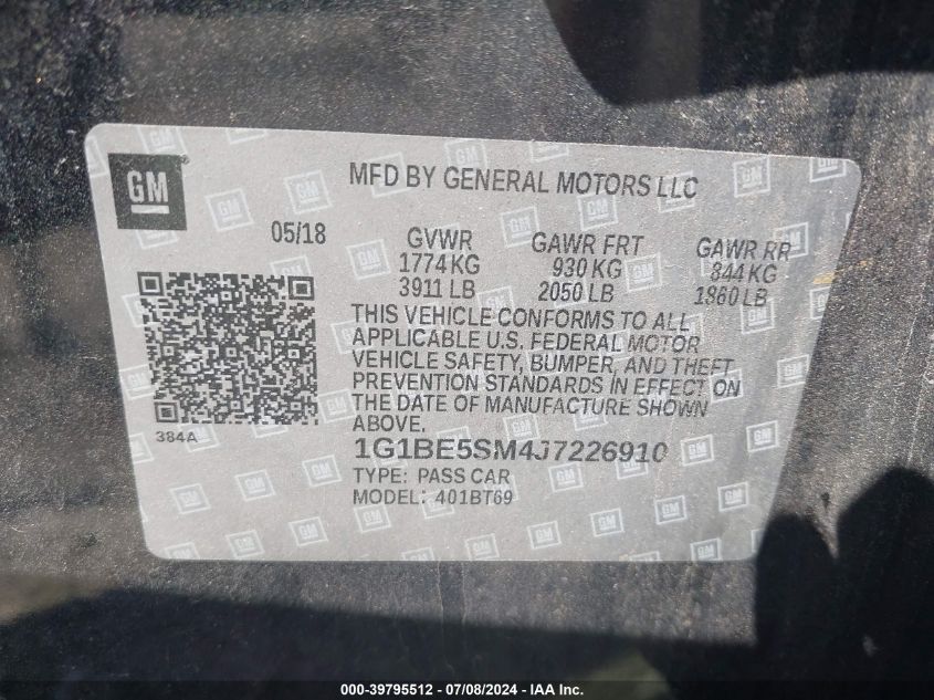 2018 Chevrolet Cruze Lt Auto VIN: 1G1BE5SM4J7226910 Lot: 39795512