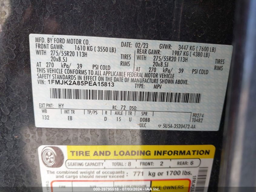 2023 Ford Expedition Limited Max VIN: 1FMJK2A85PEA15813 Lot: 39795518