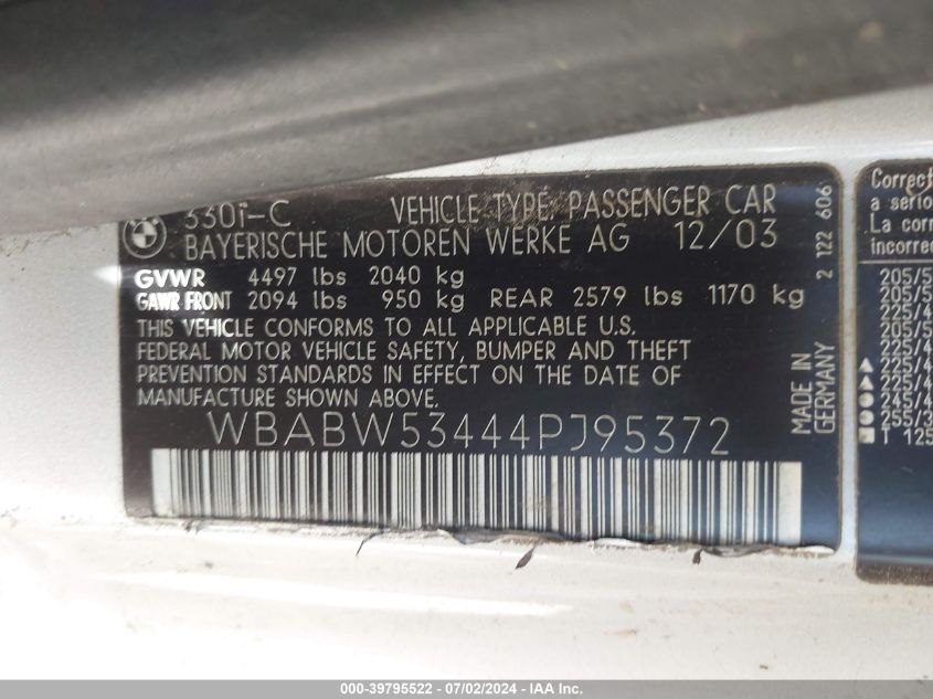 2004 BMW 330Ci VIN: WBABW53444PJ95372 Lot: 39795522