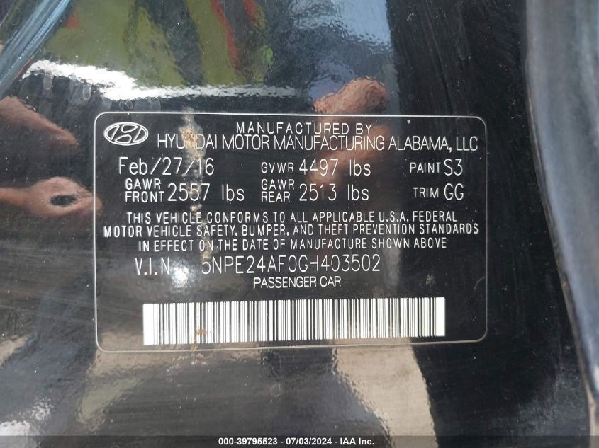 2016 Hyundai Sonata VIN: 5NPE24AF0GH403502 Lot: 39795523