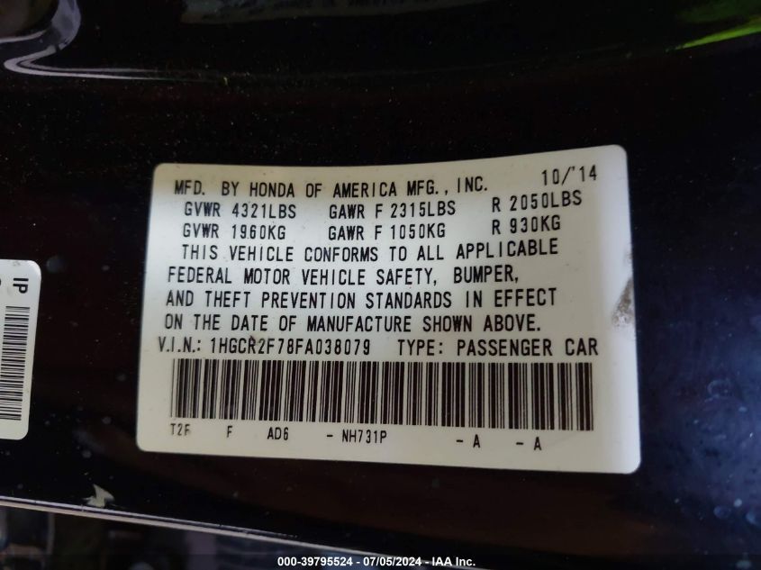 1HGCR2F78FA038079 2015 Honda Accord Ex