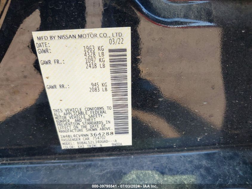 2022 Nissan Altima Sr VIN: 1N4BL4CV4NN364288 Lot: 39795541