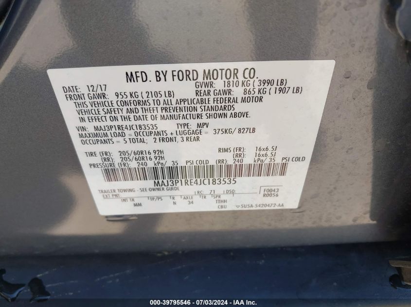 2018 Ford Ecosport S VIN: MAJ3P1RE4JC183535 Lot: 39795546