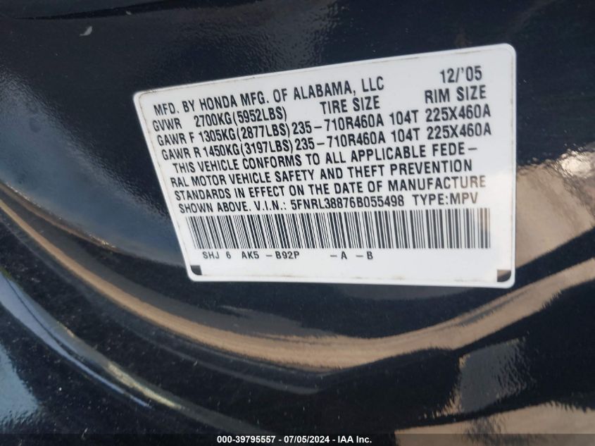 2006 Honda Odyssey Touring VIN: 5FNRL38876B055498 Lot: 39795557