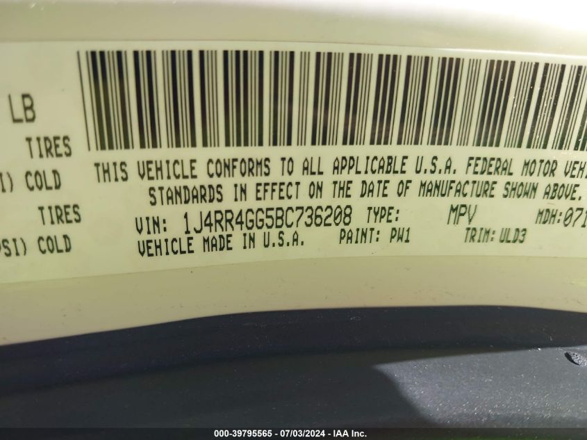 2011 Jeep Grand Cherokee Laredo VIN: 1J4RR4GG5BC736208 Lot: 39795565
