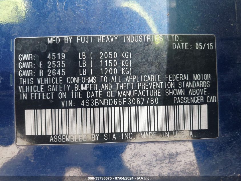 2015 Subaru Legacy 2.5I Premium VIN: 4S3BNBD66F3067780 Lot: 39795575