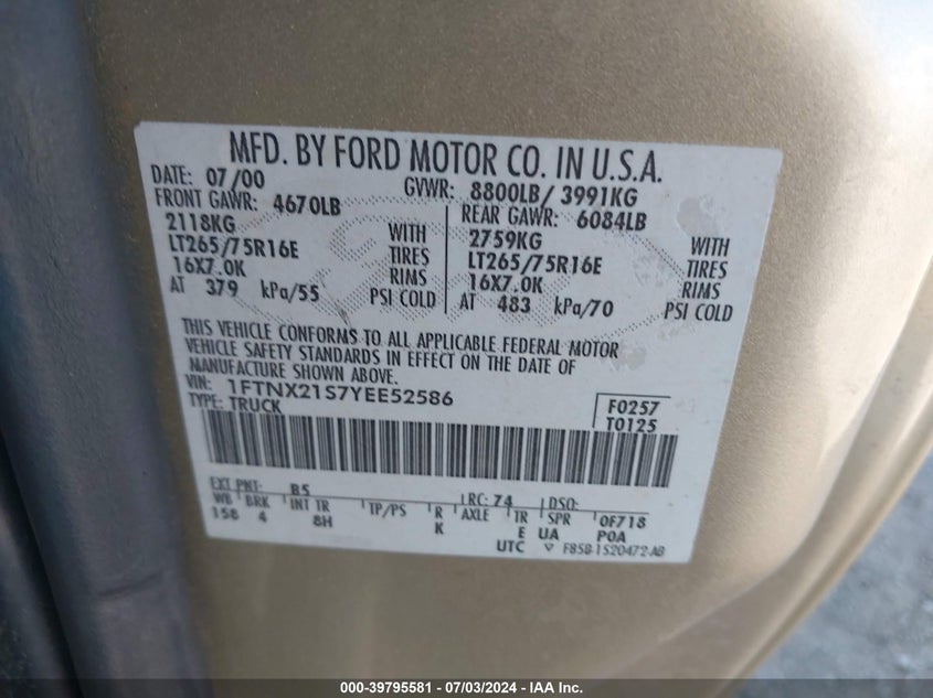 2000 Ford F-250 Lariat/Xl/Xlt VIN: 1FTNX21S7YEE52586 Lot: 39795581